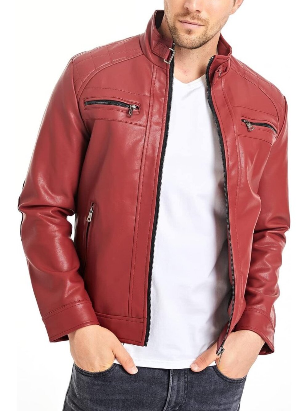 Men’s Red Leather Stand Collar Long Sleeve Aviator Pockets Motorcycle Jacket